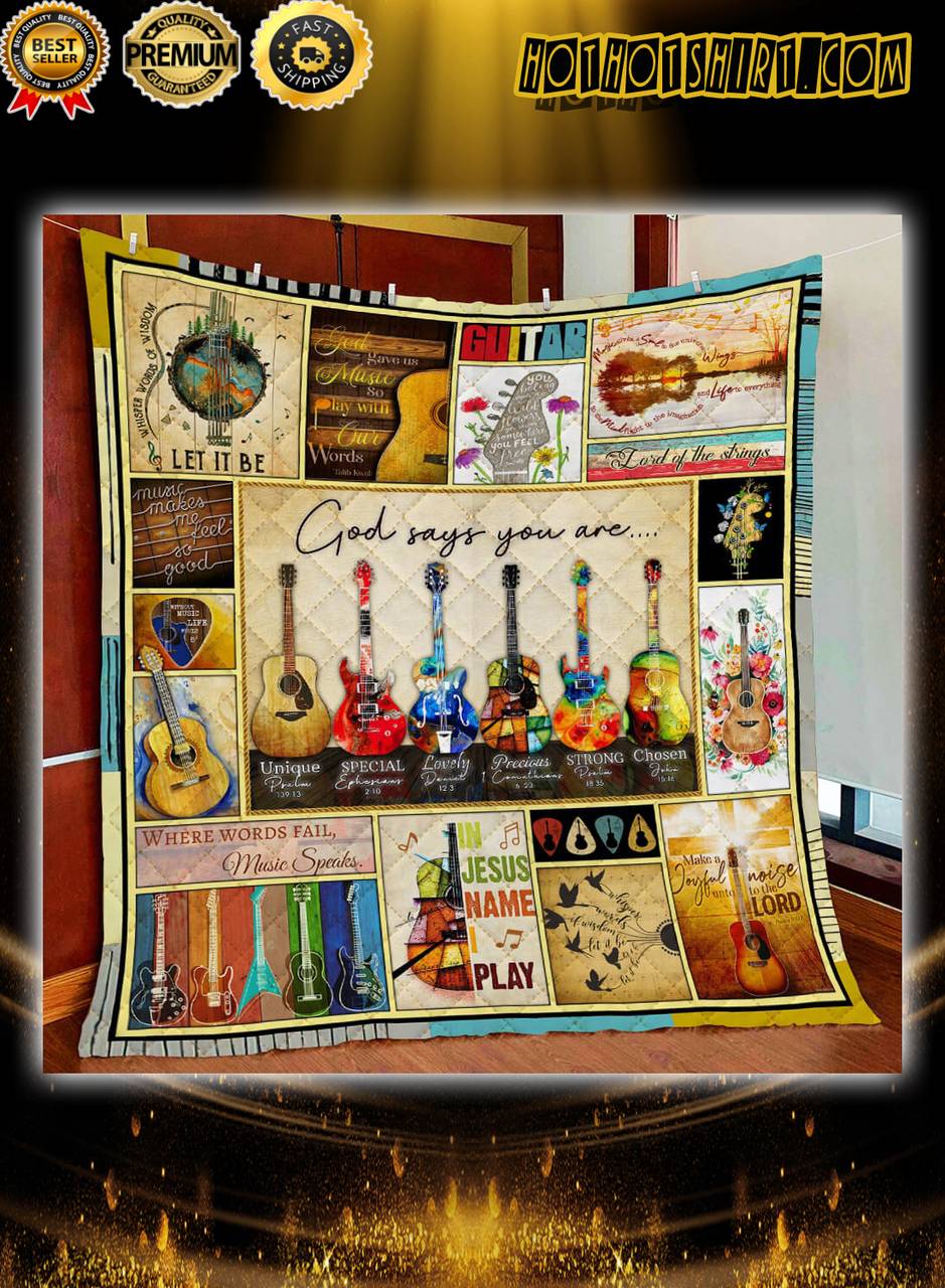 Guitar God Says You Are Quilt Blanket and Home Decor