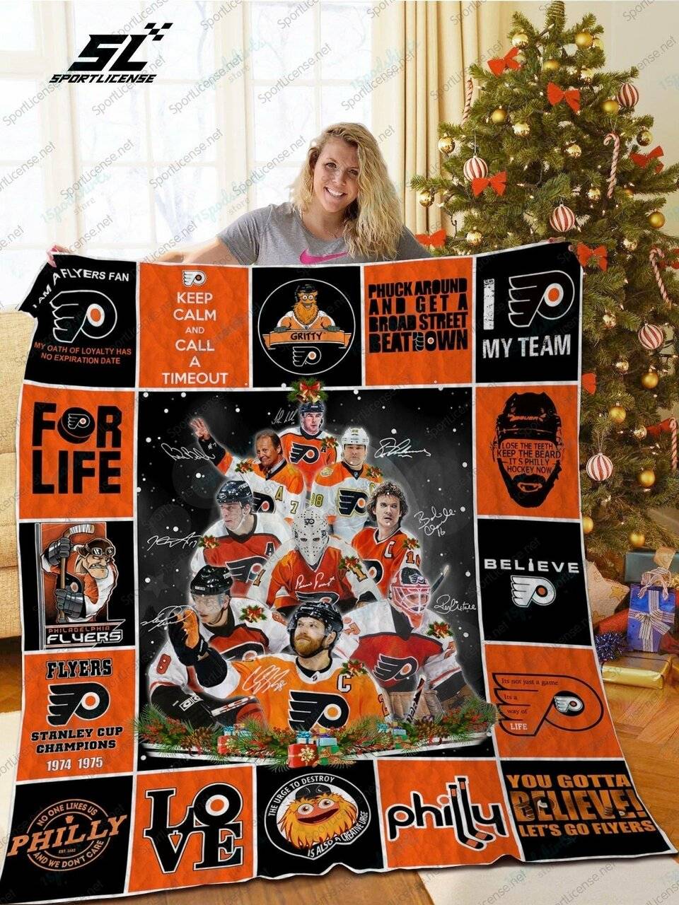 H Philadelphia Flyers Lg Christmas Quilt Blanket and Home Decor