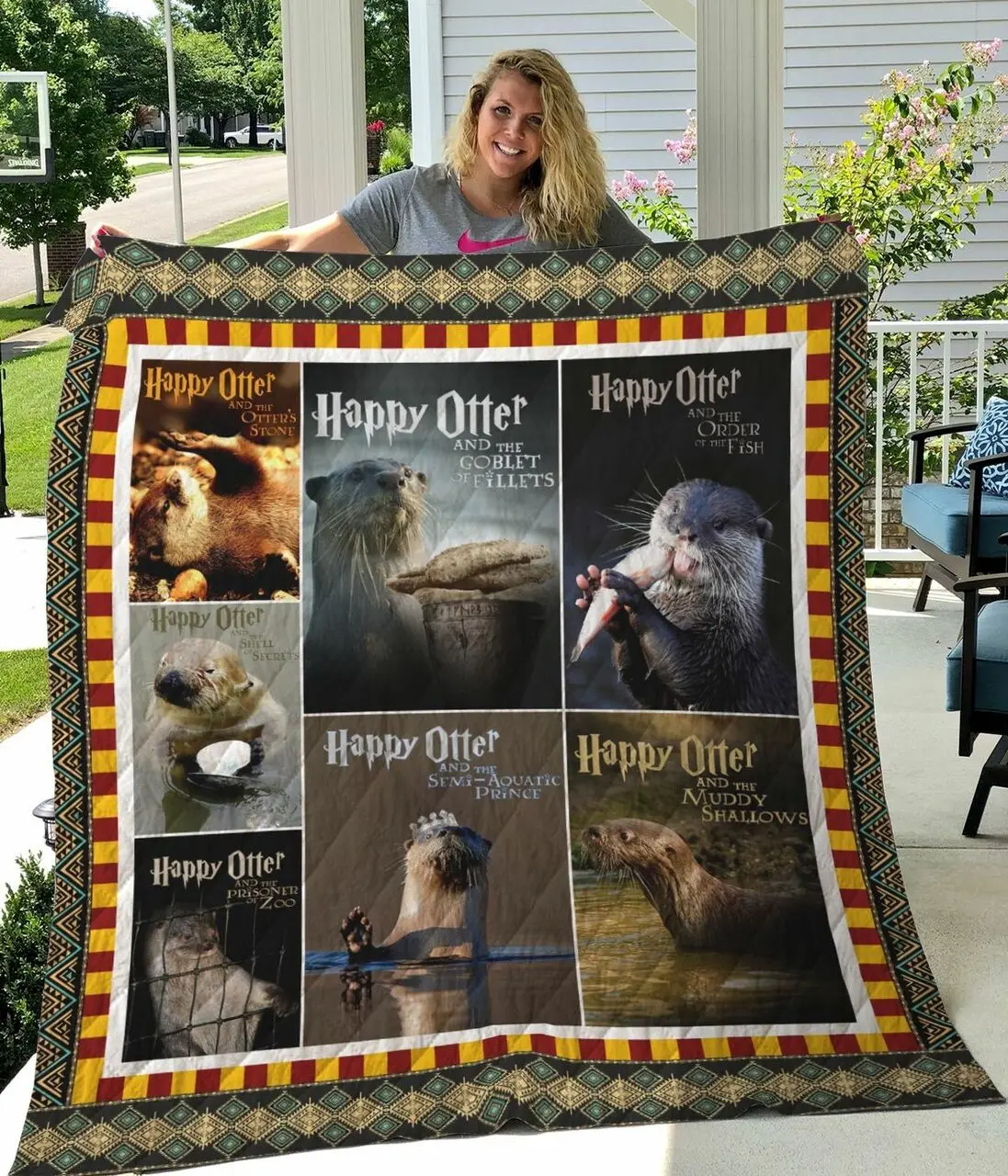 Happy Otter With The Order Of The Fish Quilt Blanket Great Customized Blanket Gifts For Birthday Christmas Thanksgiving and Home Decor