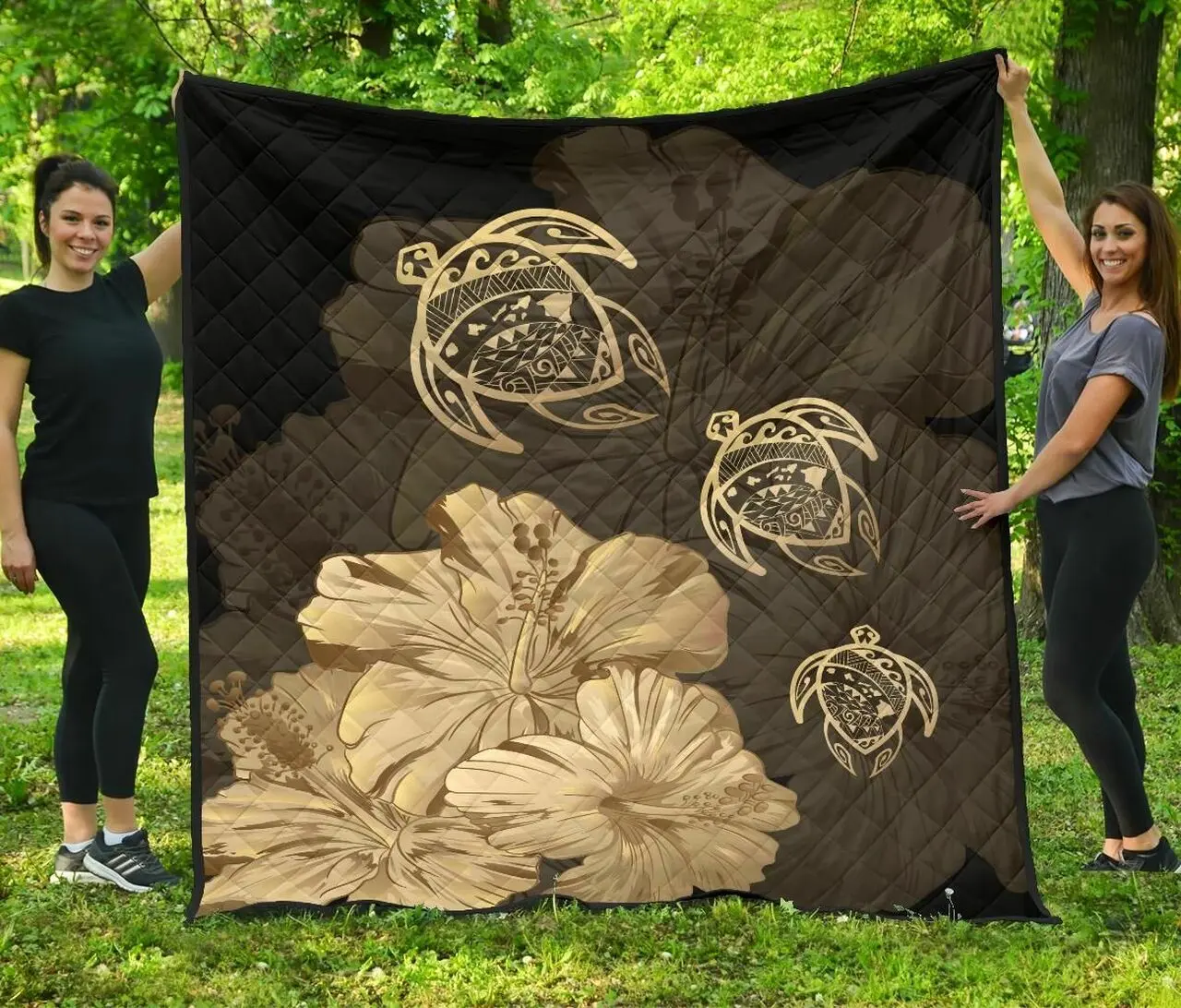 Hawaiian Map Turtle Hibiscus Vintage Polynesian Gold Ah Quilt Sia and Home Decor