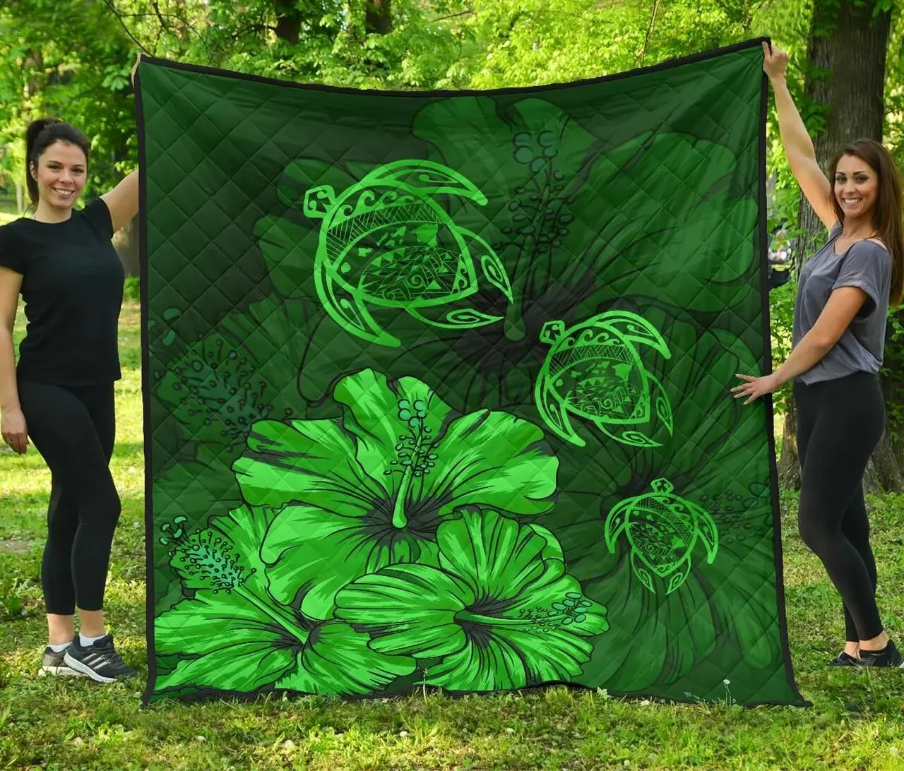 Hawaiian Map Turtle Hibiscus Vintage Polynesian Green Ah Quilt Shq and Home Decor