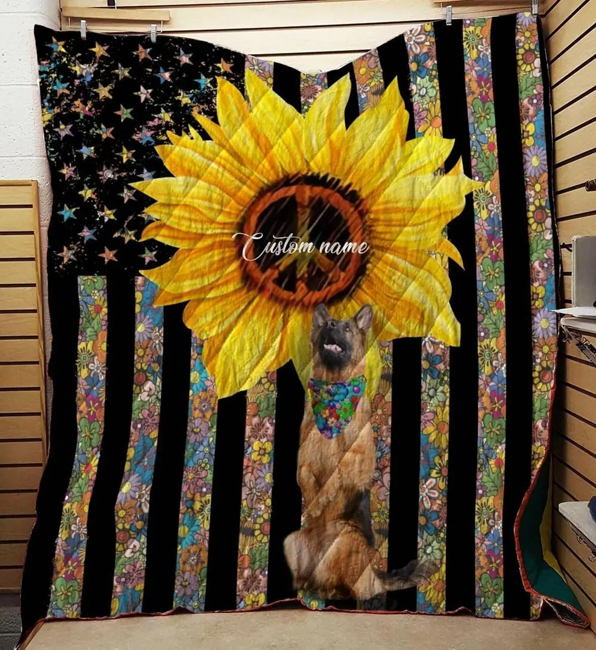 Hippie German Shepherd Custom Quilt For Hippie And Dog Lovers and Home Decor
