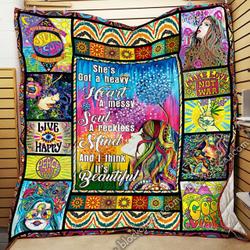 Hippie Girl, She’S Got A Heavy Heart Quilt Blanket and Home Decor