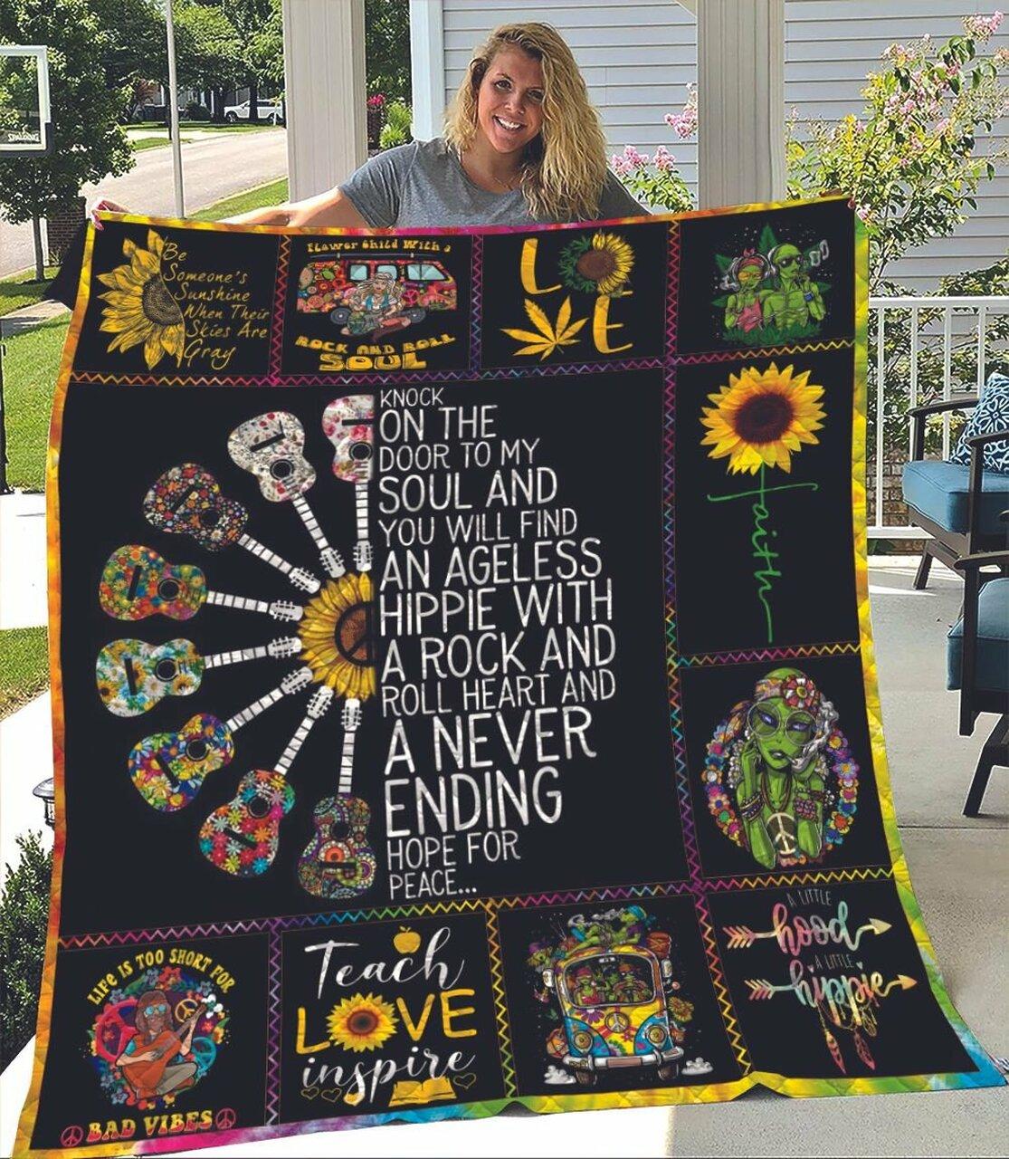 Hippie Groovy Flowers Guitars Knock On The Door To My Soul And You Will Find An Ageless Hippie With A Roch And Roll Heart And A Never Ending Hope For Peace Quilt and Home Decor
