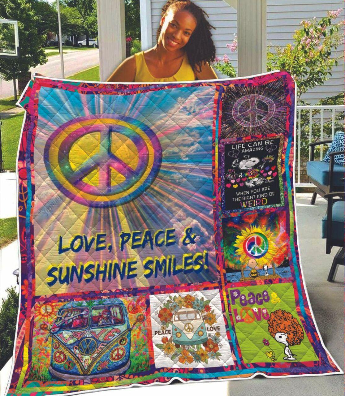 Hippie Peace Symbol Love Peace Sunshine Smiles Hippie Groovy Flowers Cars Hippie Snoopy Quilt and Home Decor