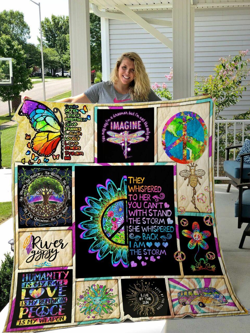 Hippie Peace Symbol They Whispered To Her Quilt Blanket Great Customized Gifts For Birthday Christmas Thanksgiving Perfect Gifts For Hippie and Home Decor
