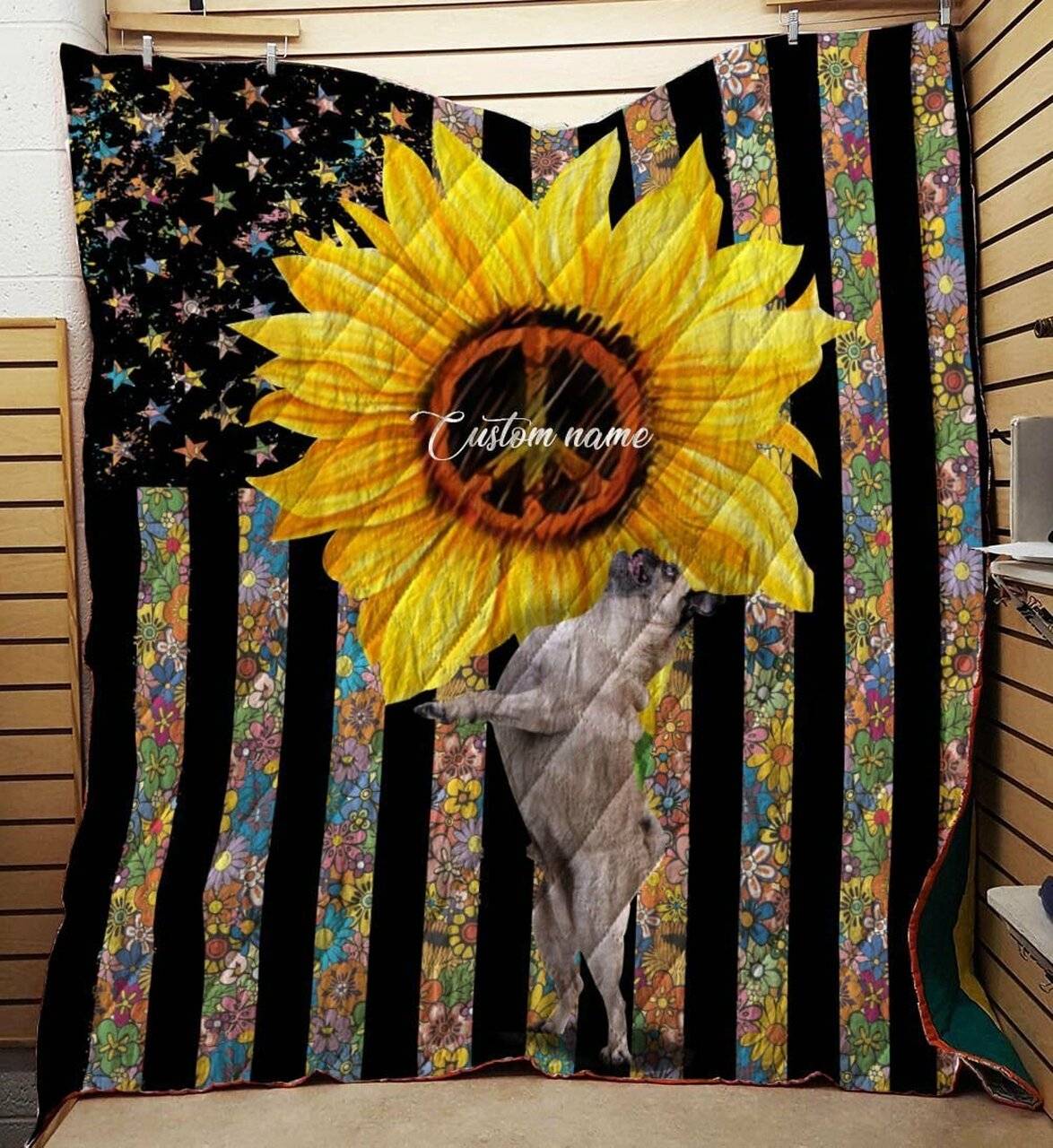 Hippie Pug Custom Quilt For Hippie And Dog Lovers and Home Decor