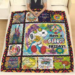 Hippie Snoopy With Groovy Flowers And Peace Love Symbol Snoopy Have A Groovy Friday Quilt and Home Decor