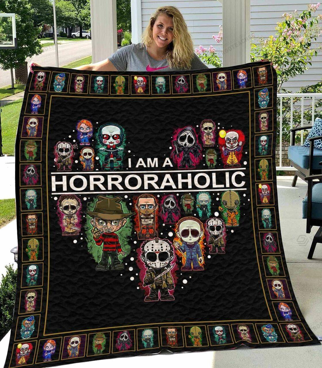 Horror Movies I Am A Horroraholic Quilt Blanket Great Customized Gifts For Birthday Christmas Thanksgiving Perfect Gifts For Horror Movies Lover and Home Decor
