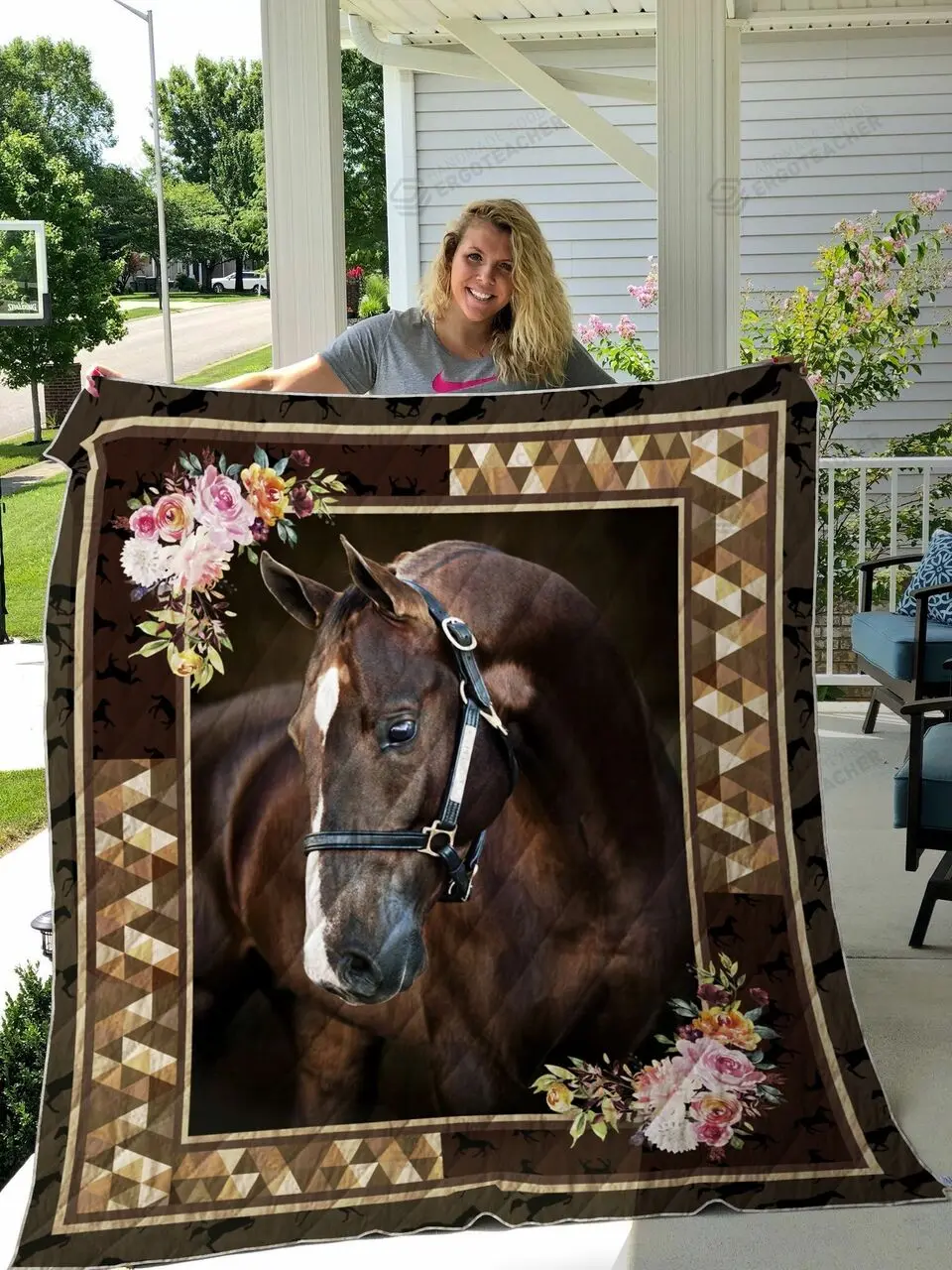 Horse With Flower Frame Quilt Blanket Great Customized Blanket Gifts For Birthday Christmas Thanksgiving and Home Decor