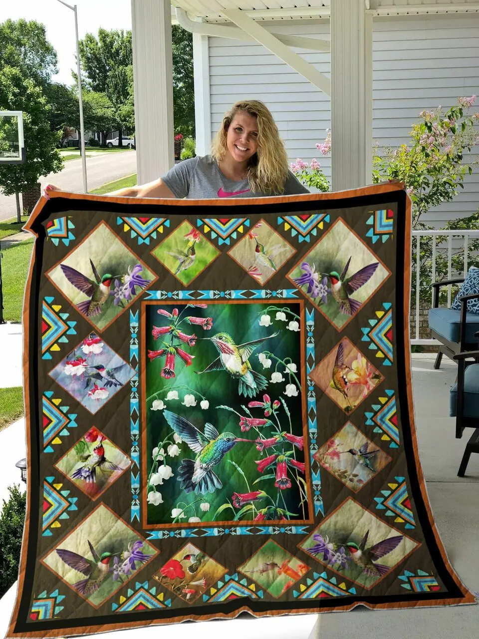 Hummingbird Native American Pattern Quilt Blanket Great Customized Gifts For Birthday Christmas Thanksgiving Perfect Gifts For Hummingbird Lover and Home Decor