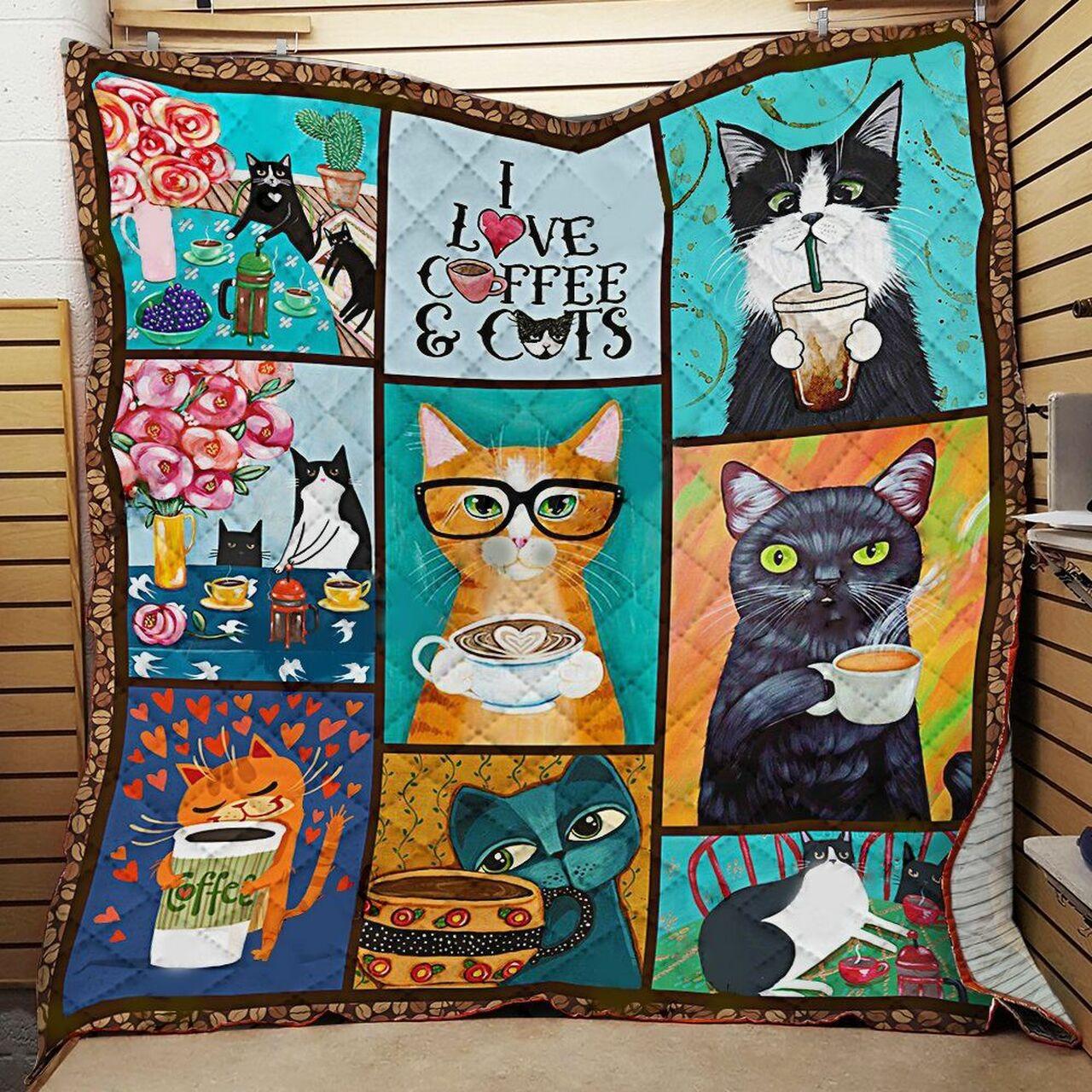 I Love Cats And Coffee Quilt Blanket Great Customized Blanket Gifts For Birthday Christmas Thanksgiving and Home Decor