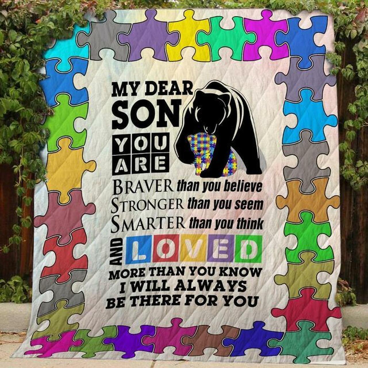 I Love My Son Bear Austism - Quilt and Home Decor