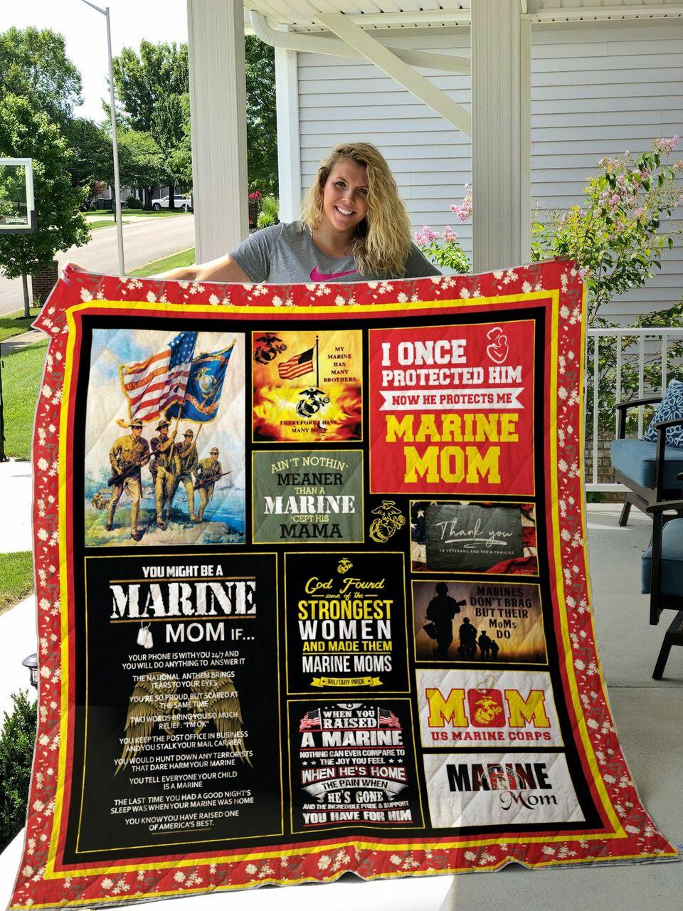 I Once Protected Him Now He Protects Me Marine Mom Quilt Blanket Great Customized Blanket Gifts For Birthday Christmas Thanksgiving and Home Decor
