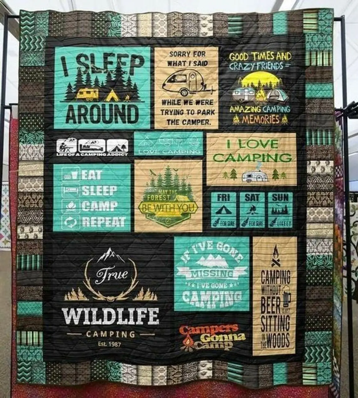 I Sleep Around Camping Quilt Loq and Home Decor