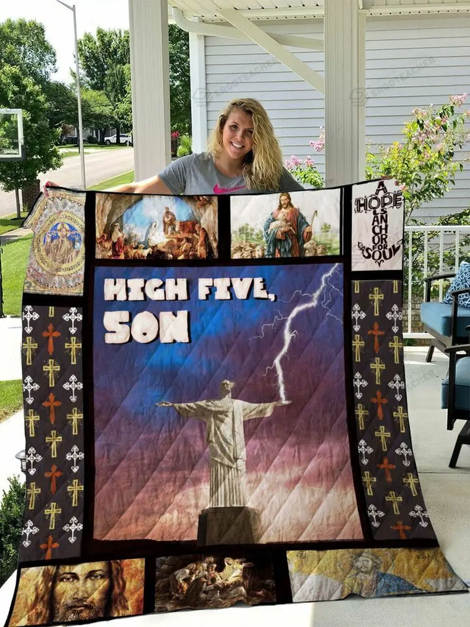 Jesus High Five Son Quilt Blanket Great Customized Blanket Gifts For Birthday Christmas Thanksgiving and Home Decor