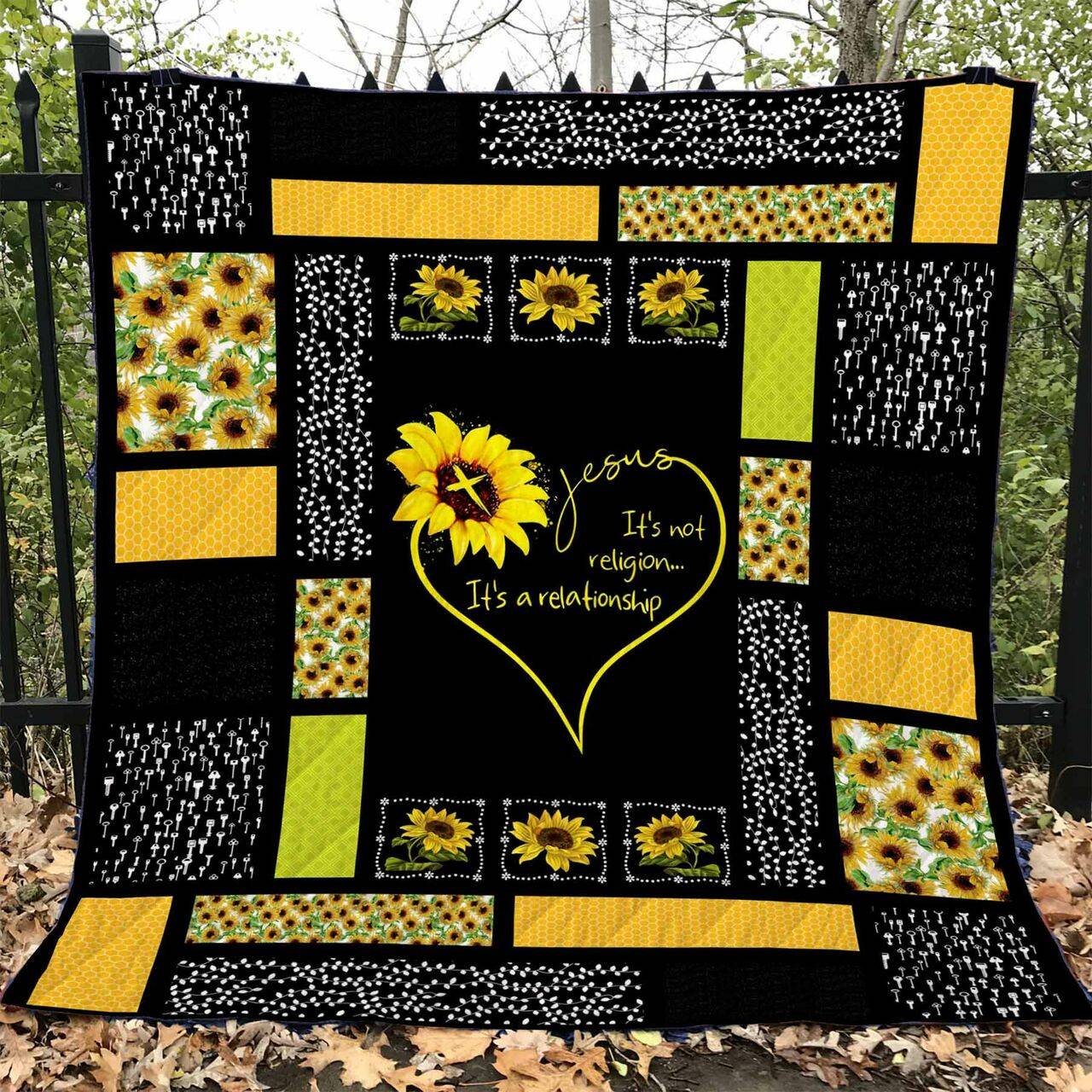 Jesus It’S Not Religion It’S A Relationship Sunflower Quilt Blanket Great Customized Gifts For Birthday Christmas Thanksgiving Perfect Gifts For Sunflower Lover and Home Decor