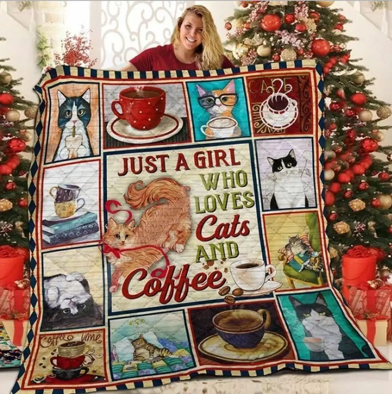 Just A Girl Who Loves Cats And Coffee Quilt Blanket Great Customized Blanket Gifts For Birthday Christmas Thanksgiving and Home Decor