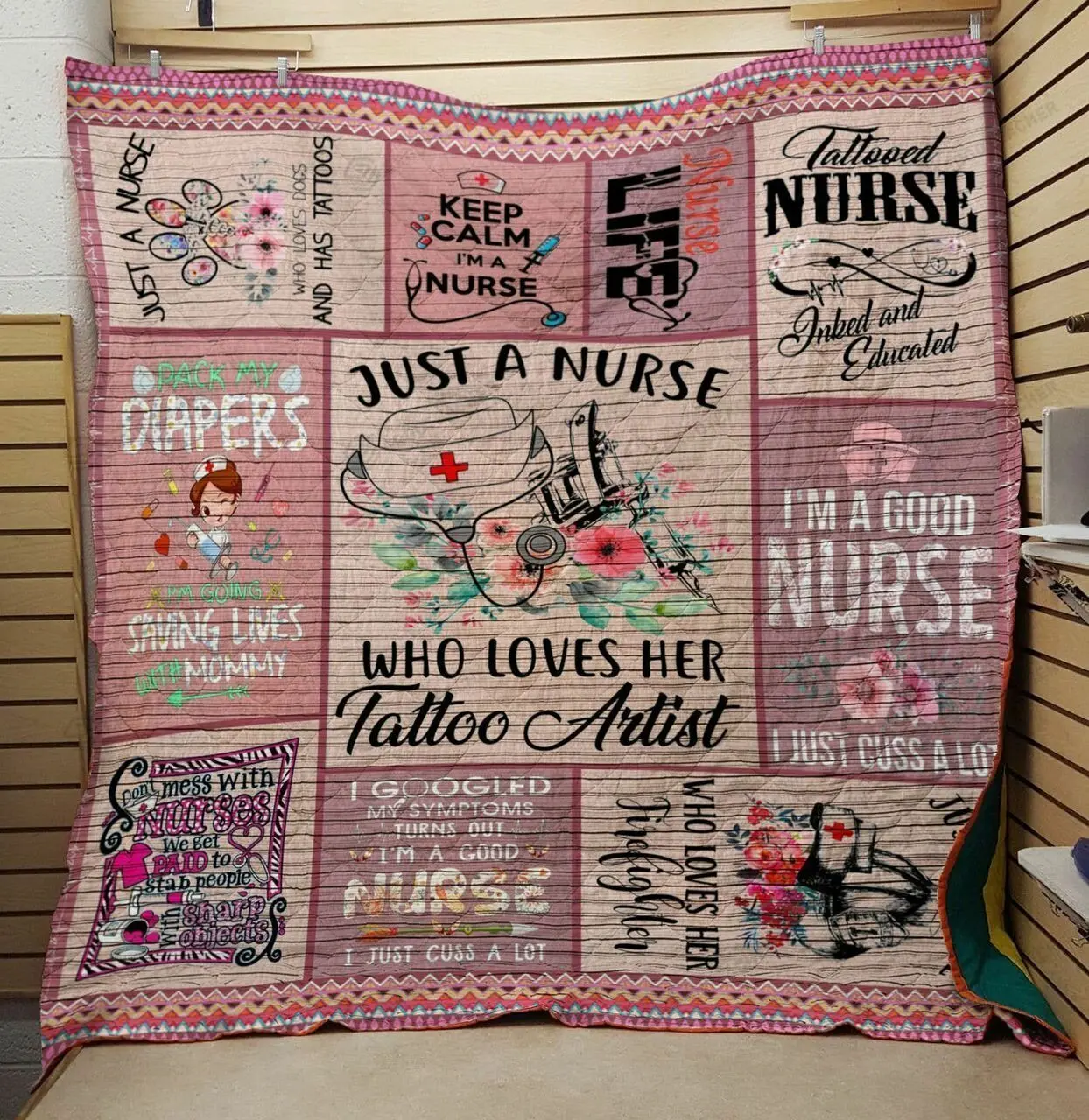 Just A Nurse Who Loves Her Tattoo Artist Quilt Blanket Great Customized Blanket Gifts For Birthday Christmas Thanksgiving and Home Decor