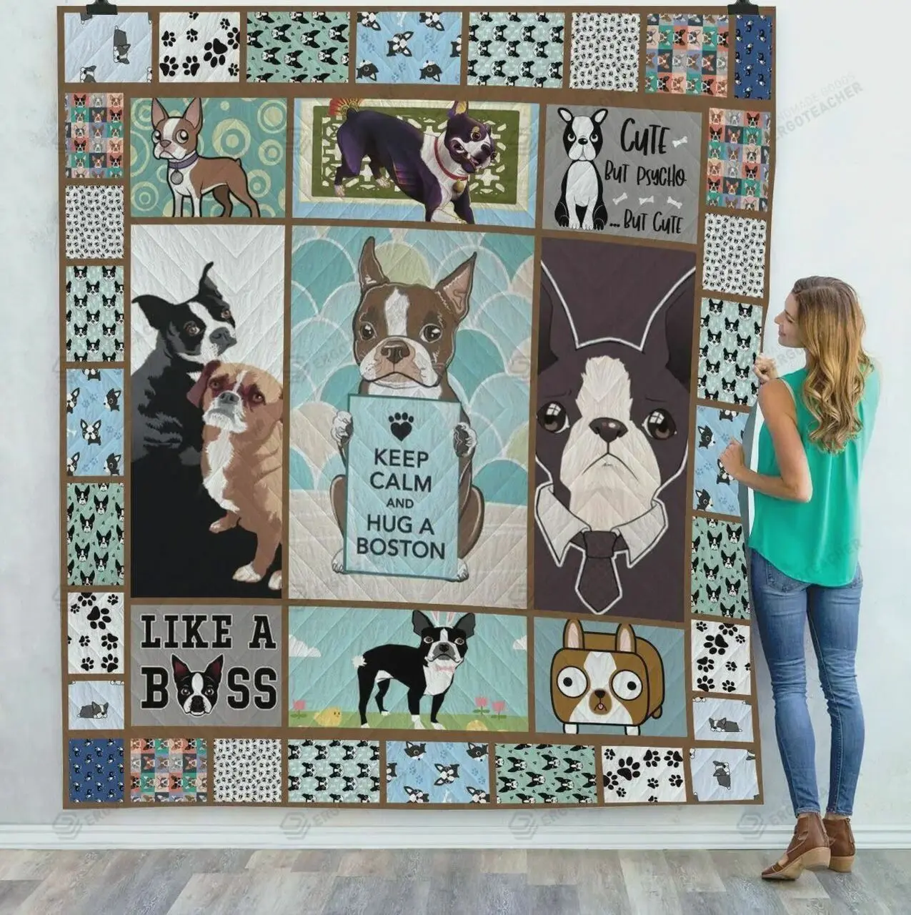 Keep Calm And Hug A Boston Terrier Quilt Blanket Great Customized Blanket Gifts For Birthday Christmas Thanksgiving and Home Decor