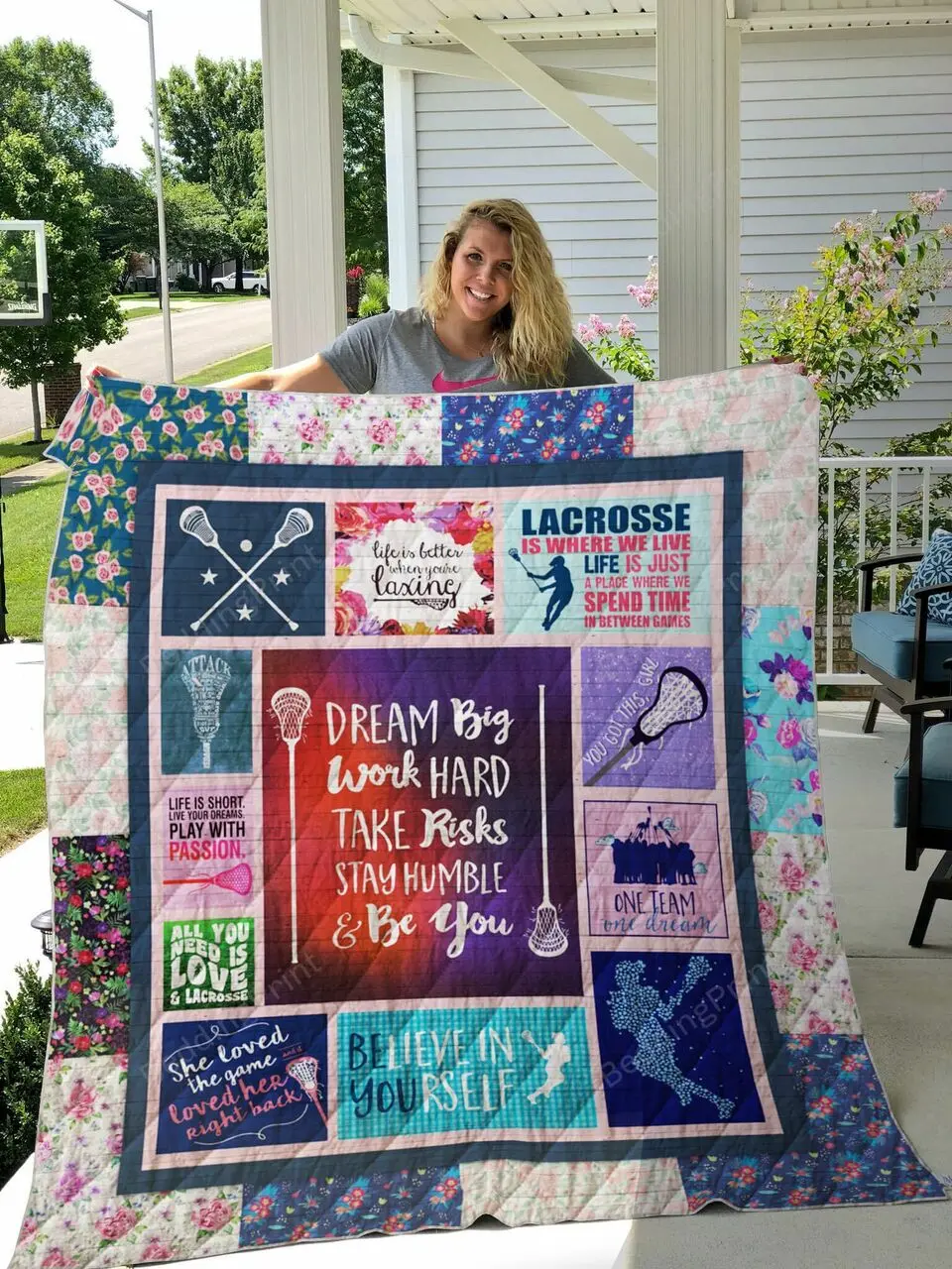 Lacrosse Girl Dream Big Work Hard Take Risks Quilt Blanket Great Customized Gifts For Birthday Christmas Thanksgiving Perfect Gifts For Lacrosse Lover and Home Decor