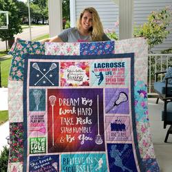 Lacrosse Girl Dream Big Work Hard Take Risks Quilt Blanket Great Customized Gifts For Birthday Christmas Thanksgiving Perfect Gifts For Lacrosse Lover and Home Decor