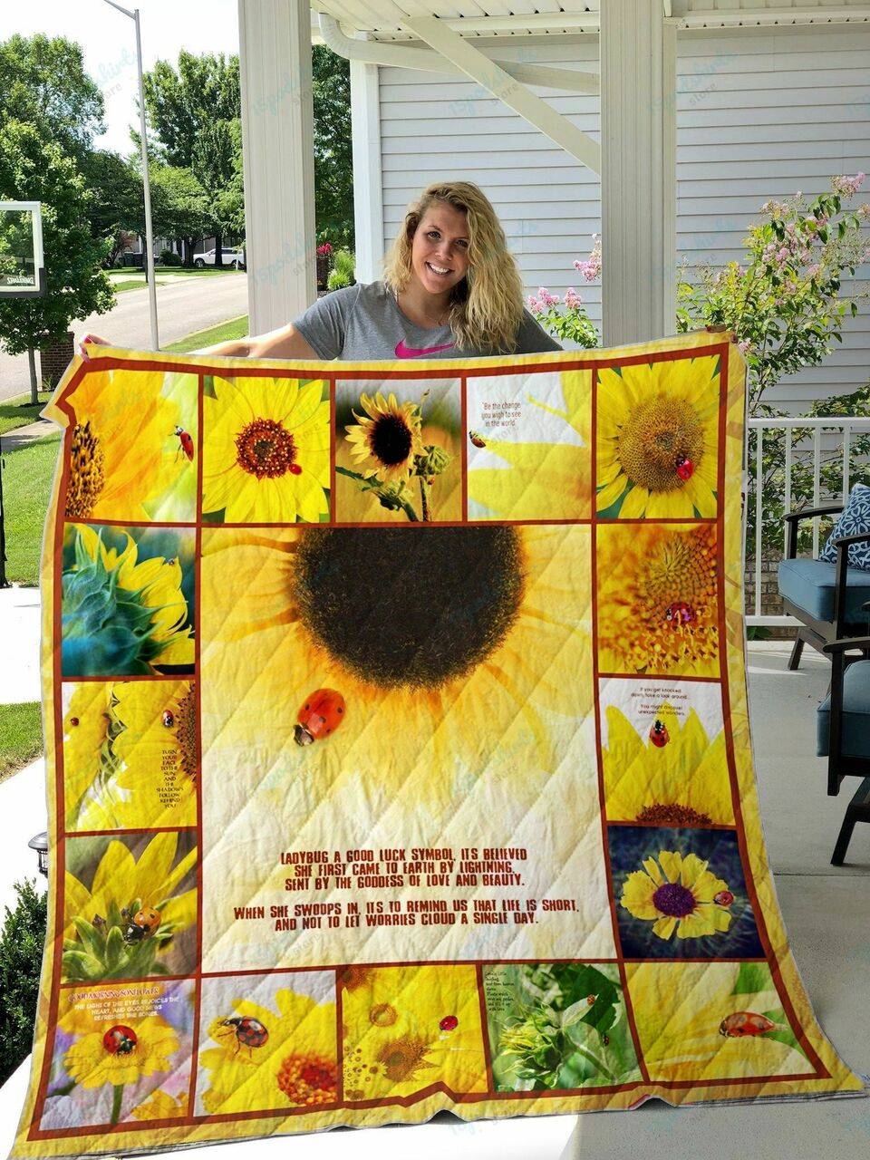 Ladybugs And Sunflowers Quilt Blanket and Home Decor