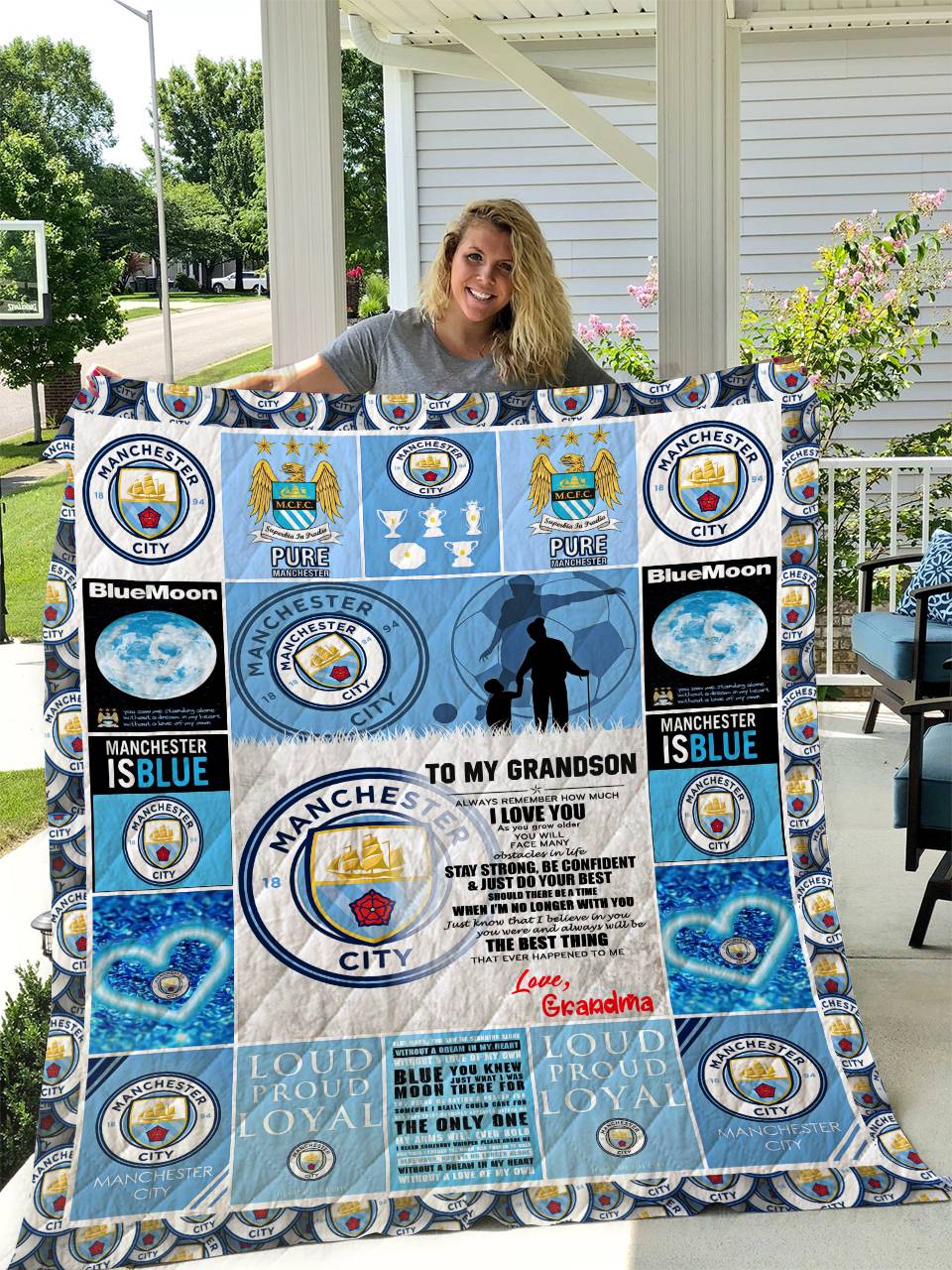 Manchester City - To My Grandson - Love Grandmom Quilt and Home Decor
