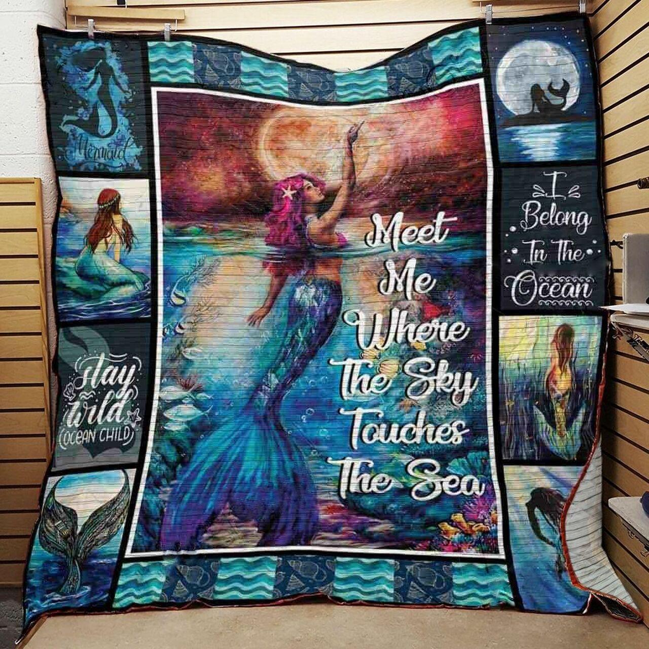 Mermaid Meet Me Where The Sky Touches The Sea Quilt Blanket Great Customized Blanket Gifts For Birthday Christmas Thanksgiving and Home Decor