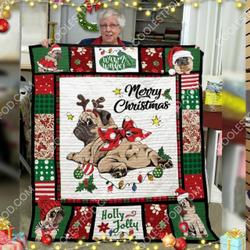 Merry Christmas Pug Quilt Blanket Great Customized Blanket Gifts For Birthday Christmas Thanksgiving and Home Decor
