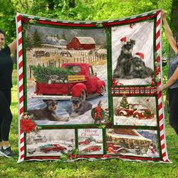 Miniature Schnauzer Red Truck Christmas Quilt Blanket and Home Decor