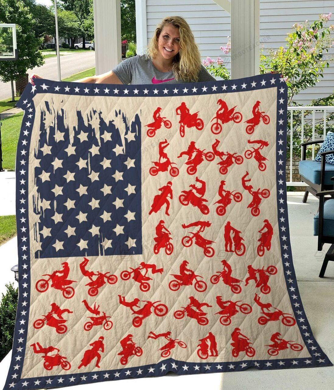 Motocross Bike Usa Flag Quilt Blanket Great Customized Blanket Gifts For Birthday Christmas Thanksgiving and Home Decor