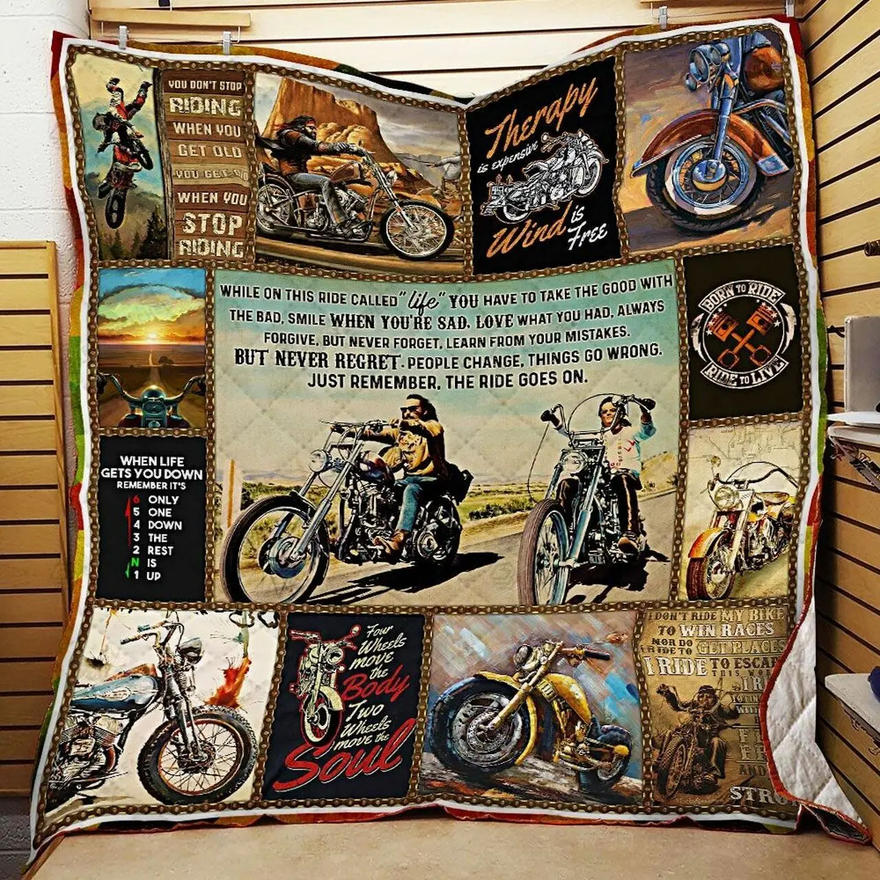 Motorcycle Four Wheels Move The Body Two Wheels Move The Soul Quilt Blanket Great Customized Blanket Gifts For Birthday Christmas Thanksgiving and Home Decor