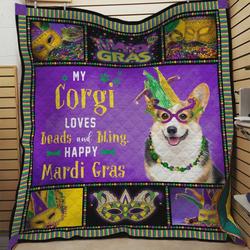 My Corgi Loves Beads And Bling Happy Mardi Gras Quilt Blanket Great Customized Blanket Gifts For Birthday Christmas Thanksgiving and Home Decor