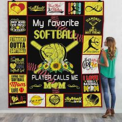 My Favorite Softball Player Calls Me Mom Quilt Blanket Great Customized Blanket Gifts For Birthday Christmas Thanksgiving and Home Decor