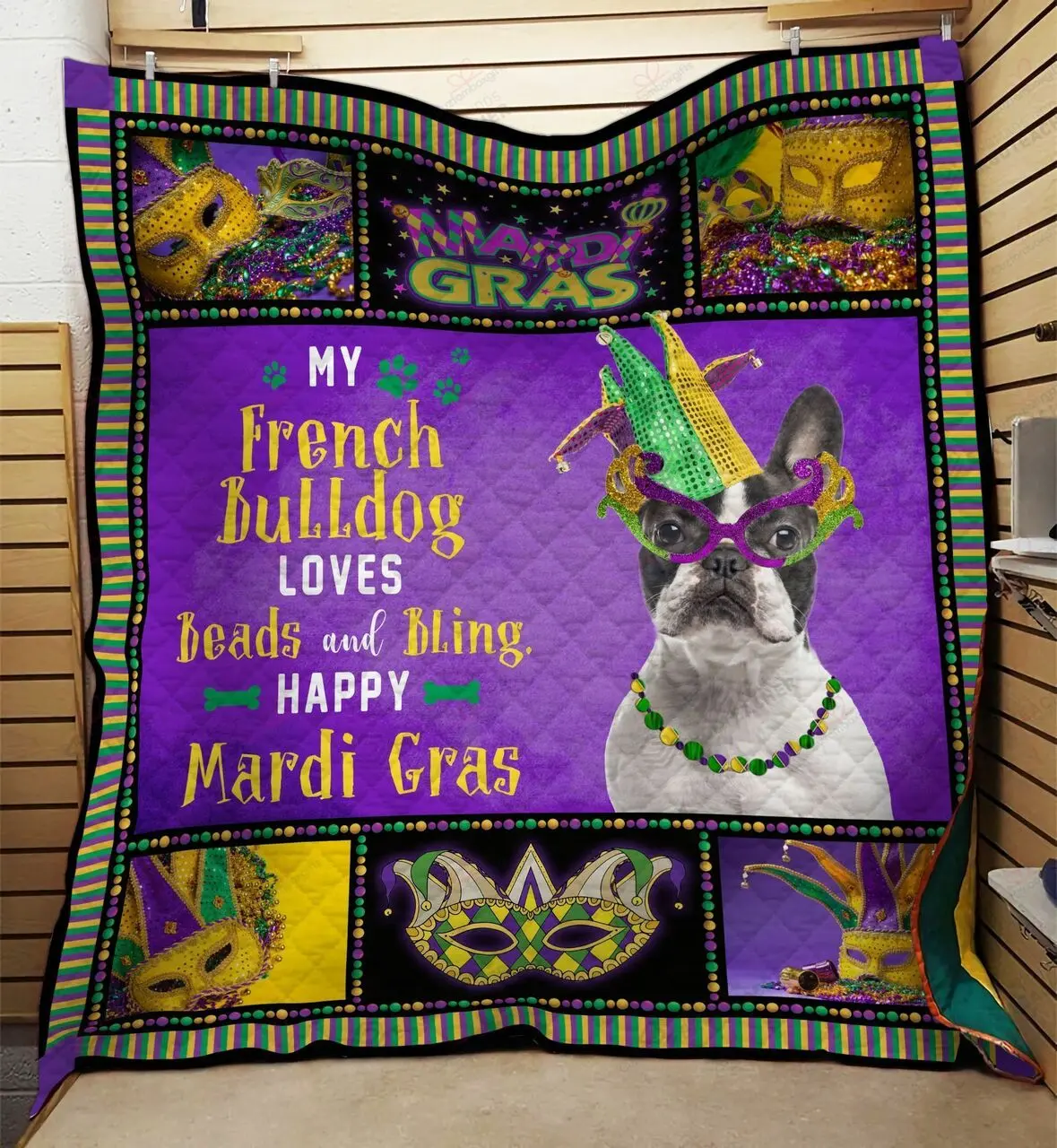 My French Bulldog Loves Beads And Bling Happy Mardi Gras Quilt Blanket Great Customized Blanket Gifts For Birthday Christmas Thanksgiving and Home Decor