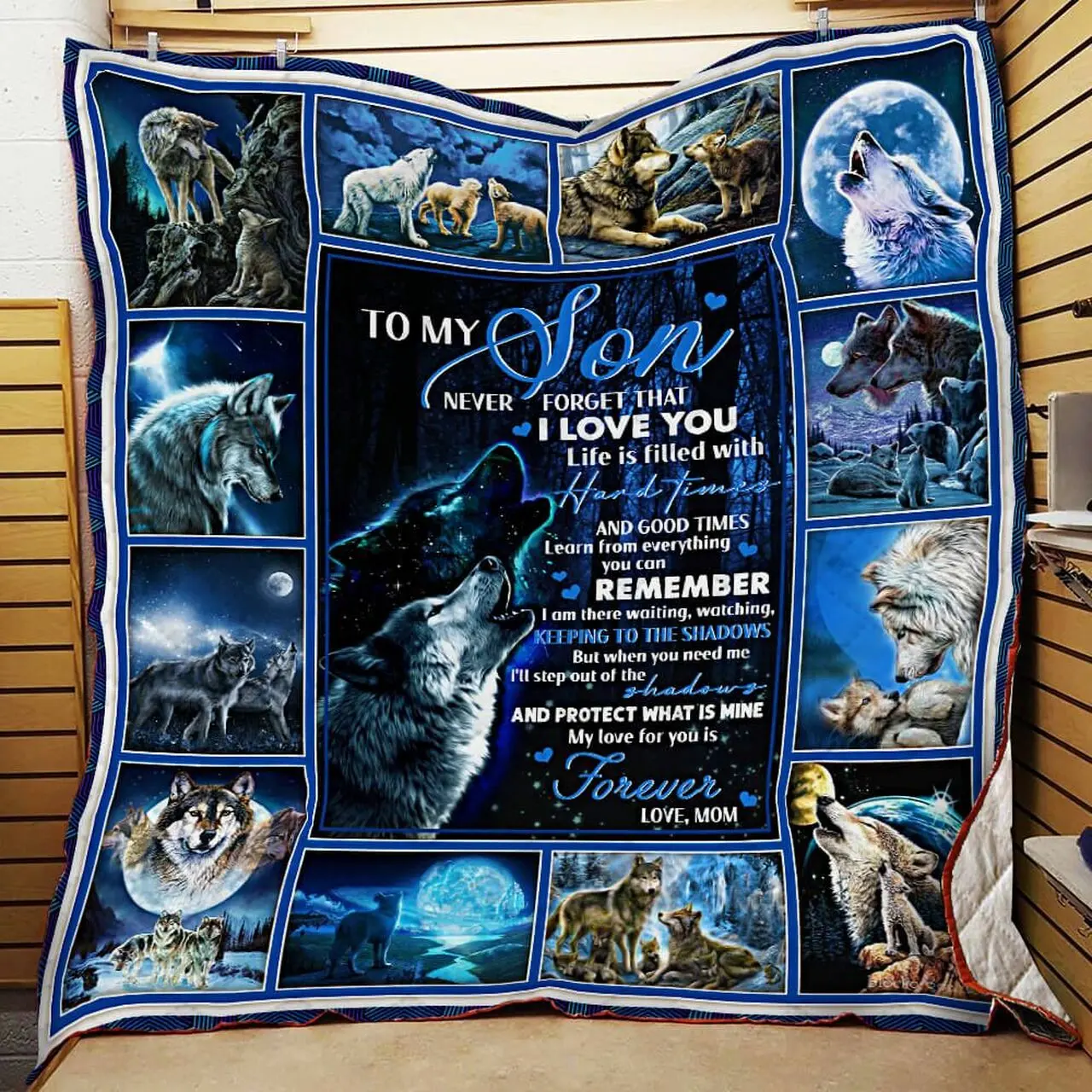 My Son My love For You Is Forever Love Mom Wolf Quilt Blanket and Home Decor