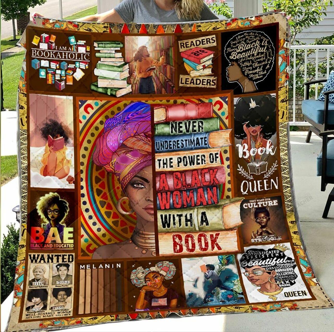 Never Underestimate The Power Of Black Woman With A Book Quilt Blanket Great Customized Blanket Gifts For Birthday Christmas Thanksgiving and Home Decor
