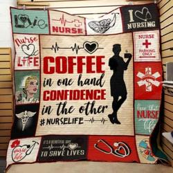 Nurse Life Coffee In One Hand Confidence In The Other Quilt Blanket Great Customized Gifts For Birthday Christmas Thanksgiving Perfect Gift For Nurse and Home Decor