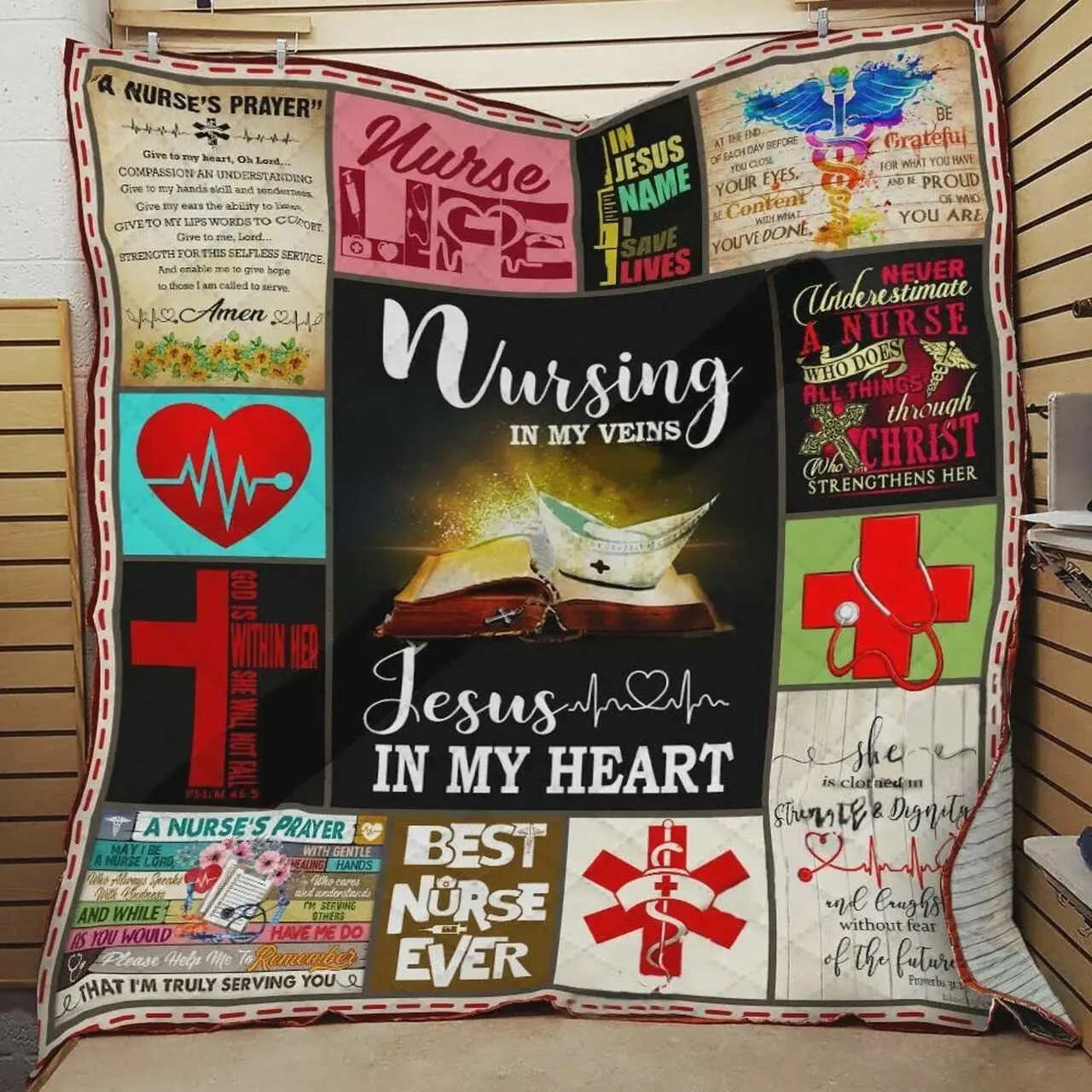 Nursing In My Veins Jesus In My Heart Quilt Blanket Great Customized Blanket Gifts For Birthday Christmas Thanksgiving and Home Decor