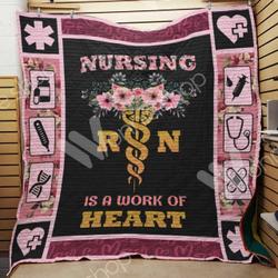 Nursing Is A Work Of Heart Flower Medical Symbol Quilt Blanket Great Customized Gifts For Birthday Christmas Thanksgiving Perfect Gift For Nurse and Home Decor