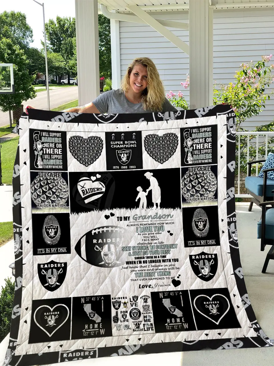 Oakland Raiders - To My Grandson - Love Grandmom Quilt and Home Decor