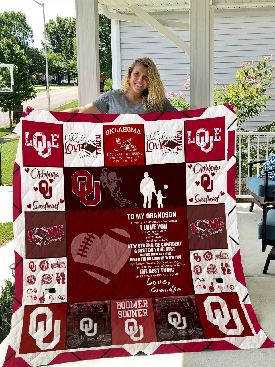 Oklahoma Sooners - To My Grandson - Love Grandpa Quilt and Home Decor