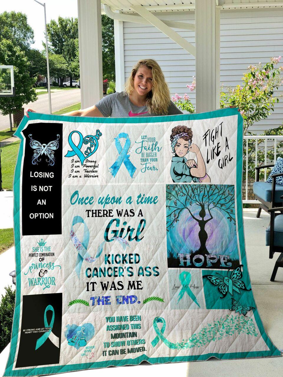 Ovarian Cancer Warrior Once Upon A Time There Was A Girl Kicked CancerS Ass Quilt Blanket Great Customized Blanket Gifts For Birthday Christmas Thanksgiving and Home Decor