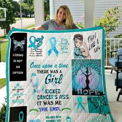 Ovarian Cancer Warrior Once Upon A Time There Was A Girl Kicked CancerS Ass Quilt Blanket Great Customized Blanket Gifts For Birthday Christmas Thanksgiving and Home Decor