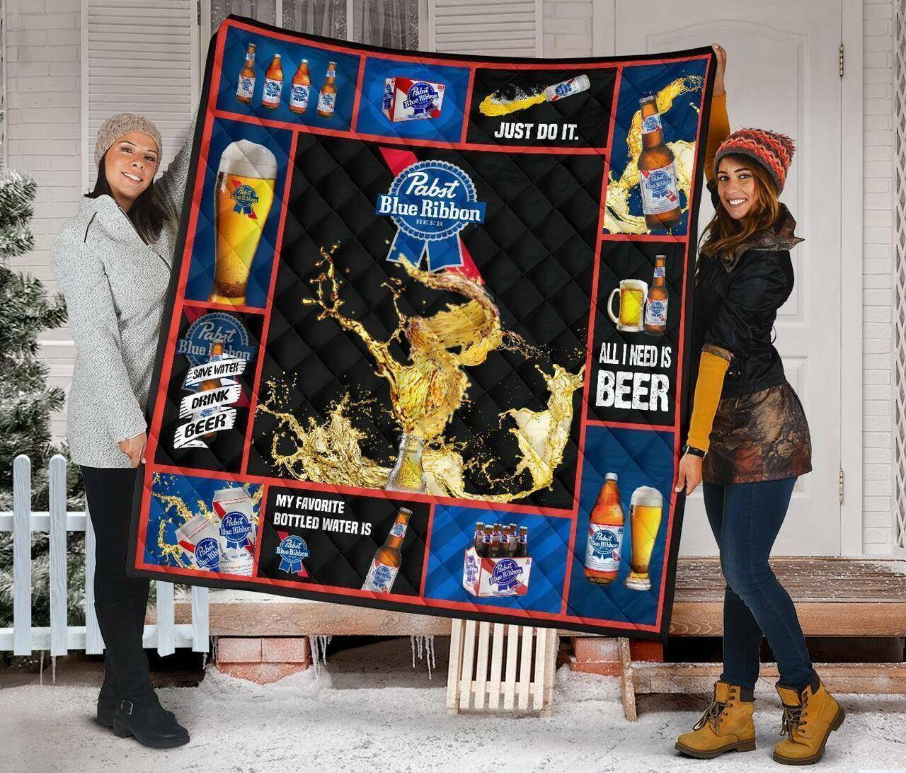 Pabst Blue Ribbon All I Need Is Beer Gift Idea Quilt and Home Decor