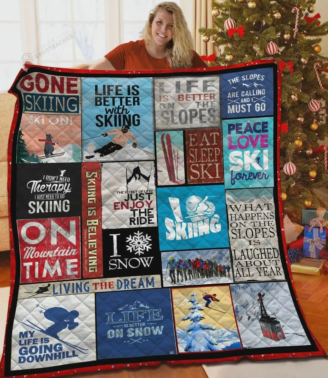 Peace Love Ski Forever Quilt Blanket Great Customized Blanket Gifts For Birthday Christmas Thanksgiving and Home Decor