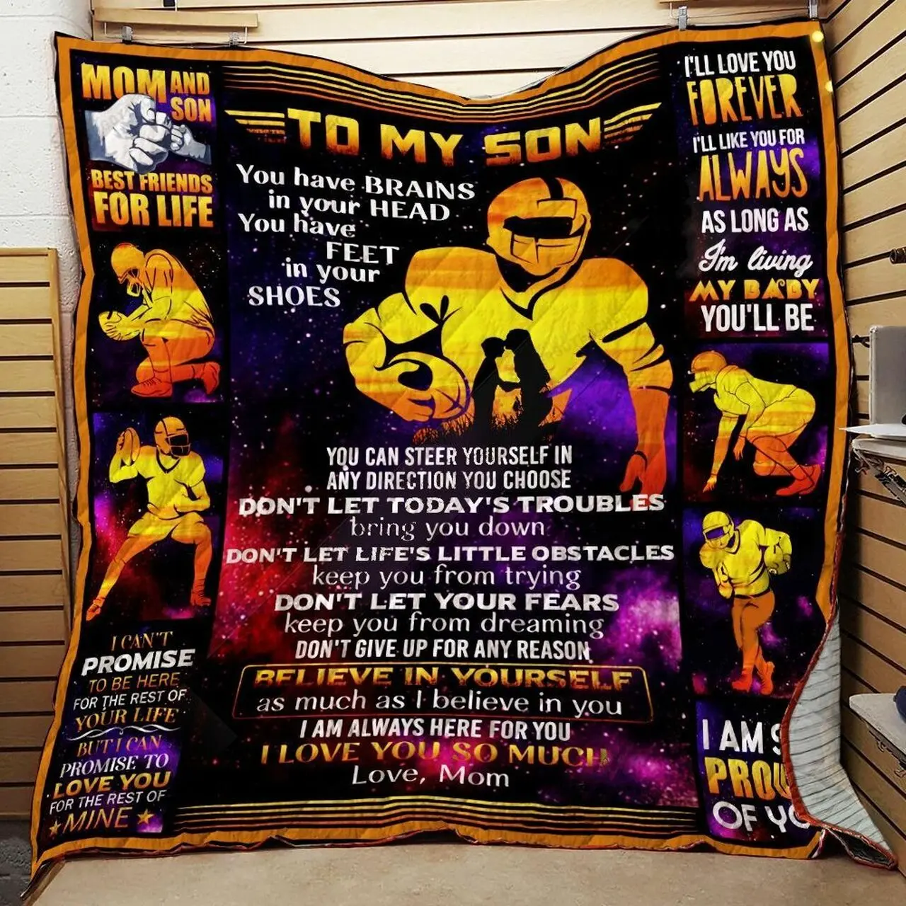 Personalized American Football To My Son From Mom I Am Always Here For You Quilt Blanket Great Customized Gifts For Birthday Christmas Thanksgiving and Home Decor