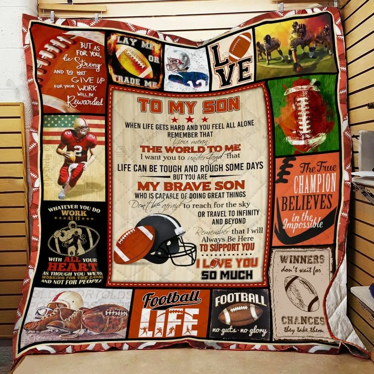Personalized American Football To My Son I Love You So Much Quilt Blanket Great Customized Gifts For Birthday Christmas Thanksgiving and Home Decor