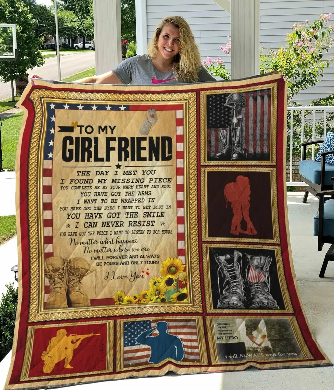 Personalized Army To My Girlfriend From Boyfriend You Complete Me By Your Warm Heart Quilt Blanket Great Customized Gifts For Birthday Christmas Thanksgiving Perfect Gifts For Army and Home Decor